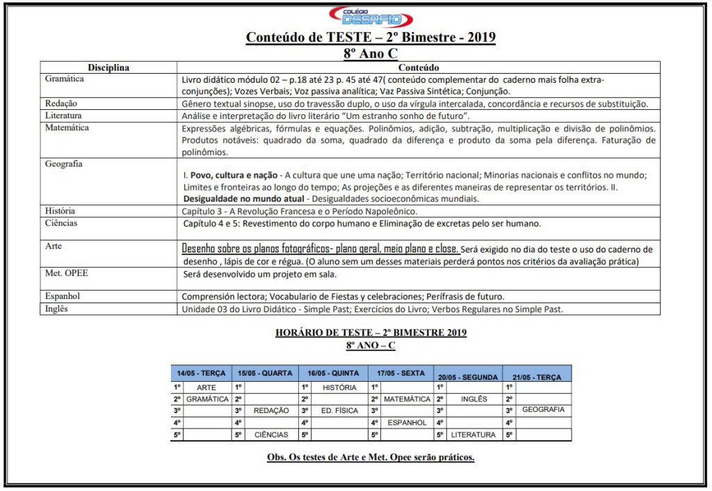 Cronogramas E Hor Rios De Testes Ao Bimestre Col Gio Desafio